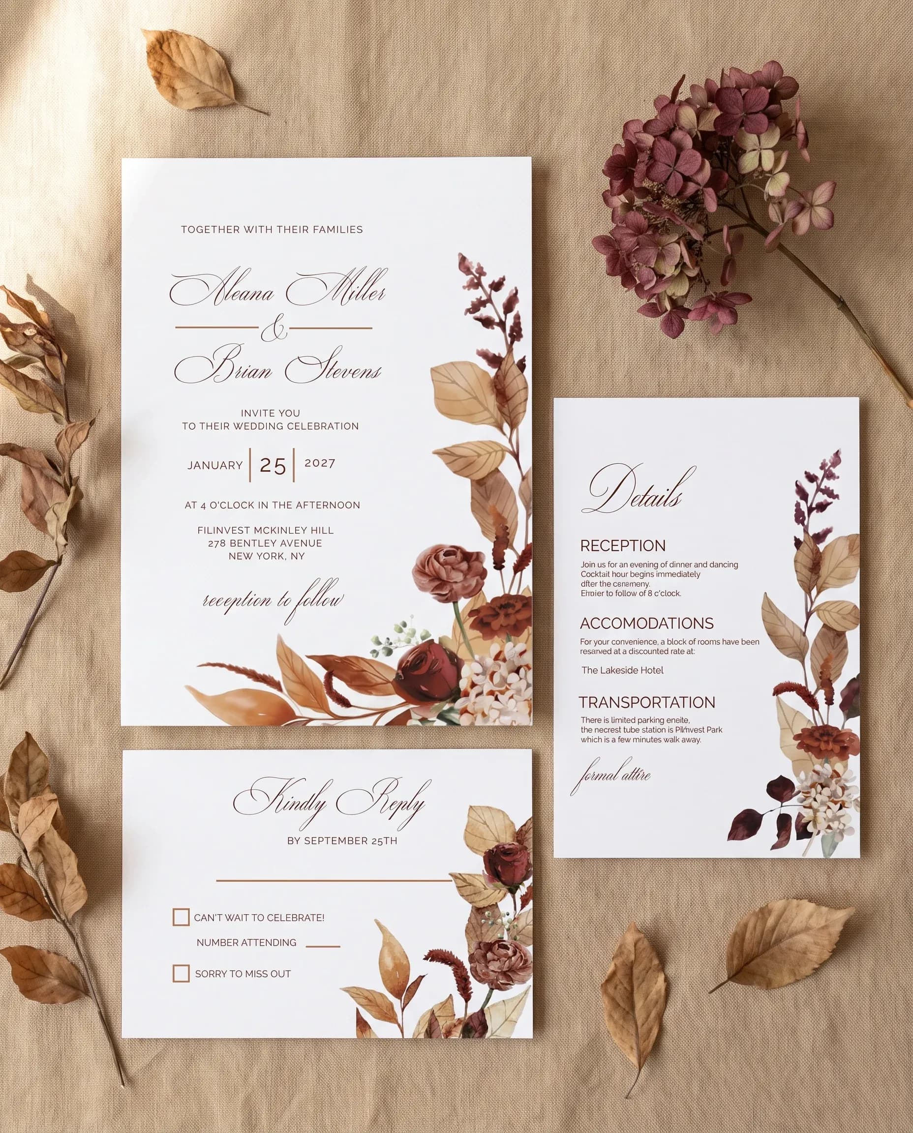 Bramble Row wedding invitation set — page 1, page 2, page 3, printable wedding stationery template