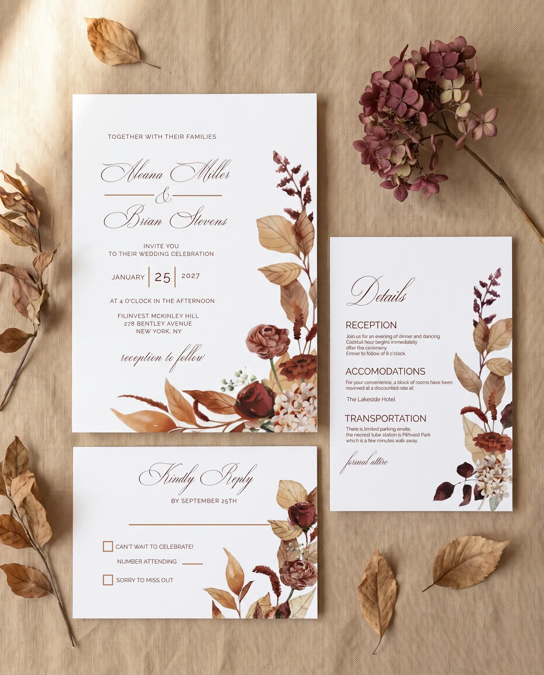 Bramble Row wedding invitation set — page 1, page 2, page 3, printable wedding stationery template
