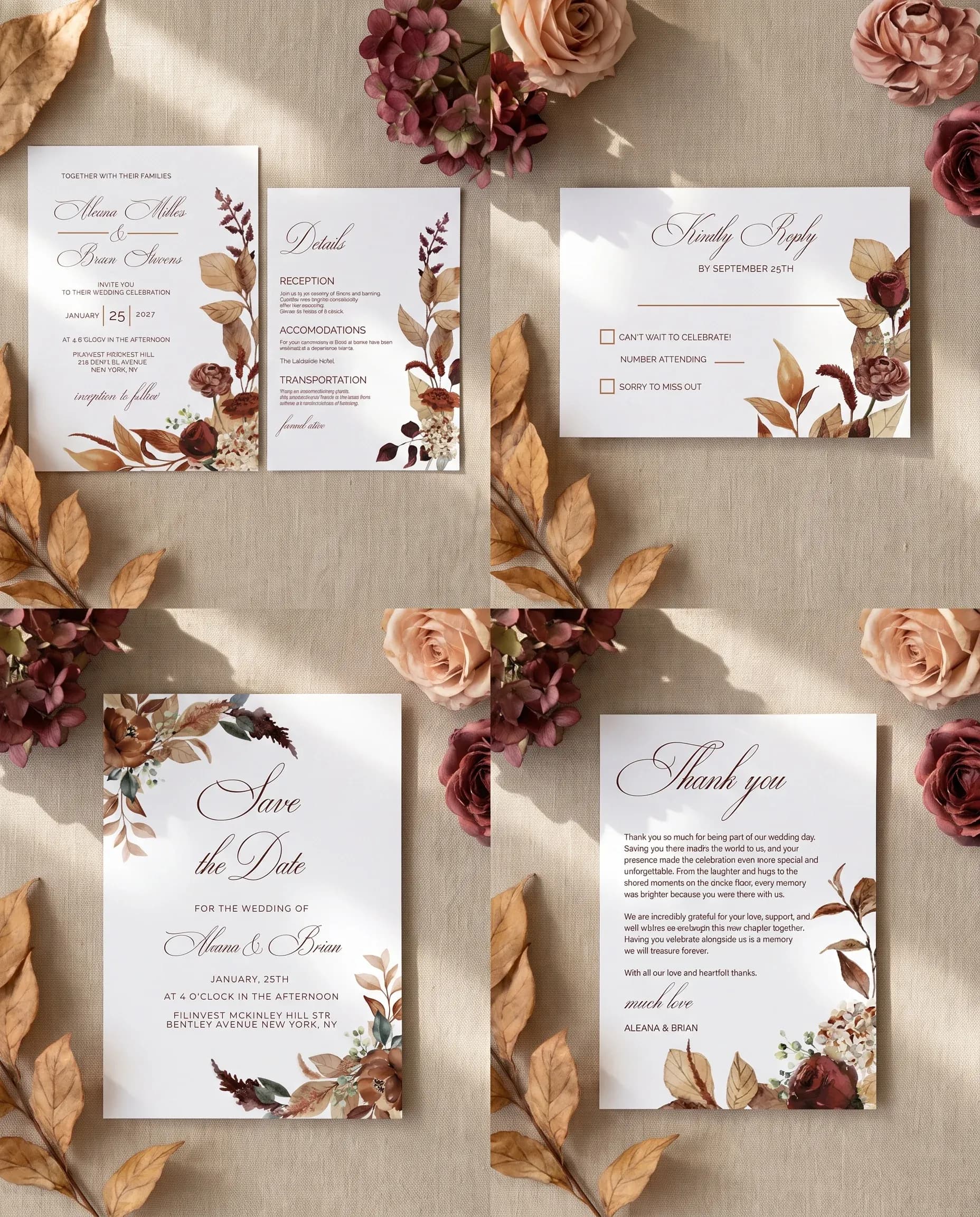 Bramble Row wedding invitation set — five-piece invitation suite with coordinating cards, printable wedding stationery template