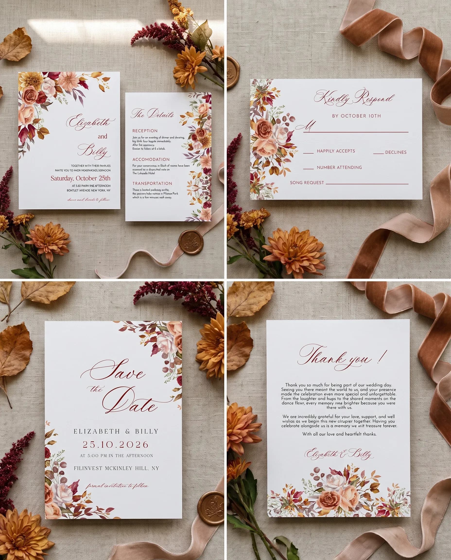 Autumn Blush wedding invitation set — Invitation, details card, RSVP, save the date and thank you card shown in a flat lay, wedding invitation suite