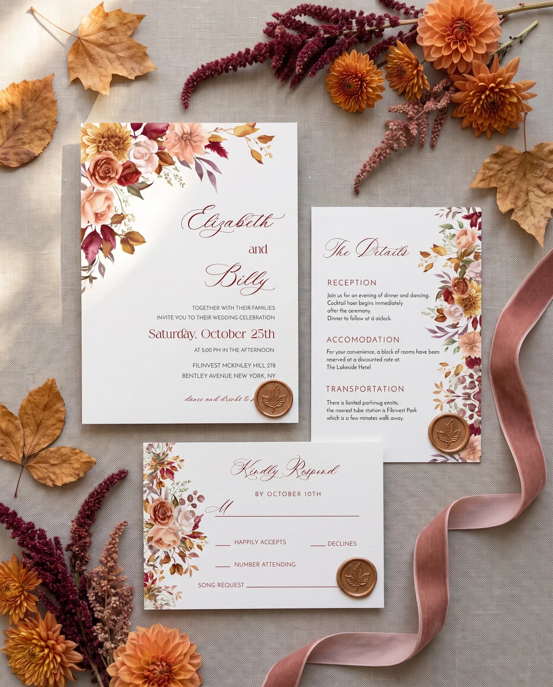 Autumn Blush wedding invitation set — Invitation, details card and RSVP card shown in a flat lay, printable wedding invitations