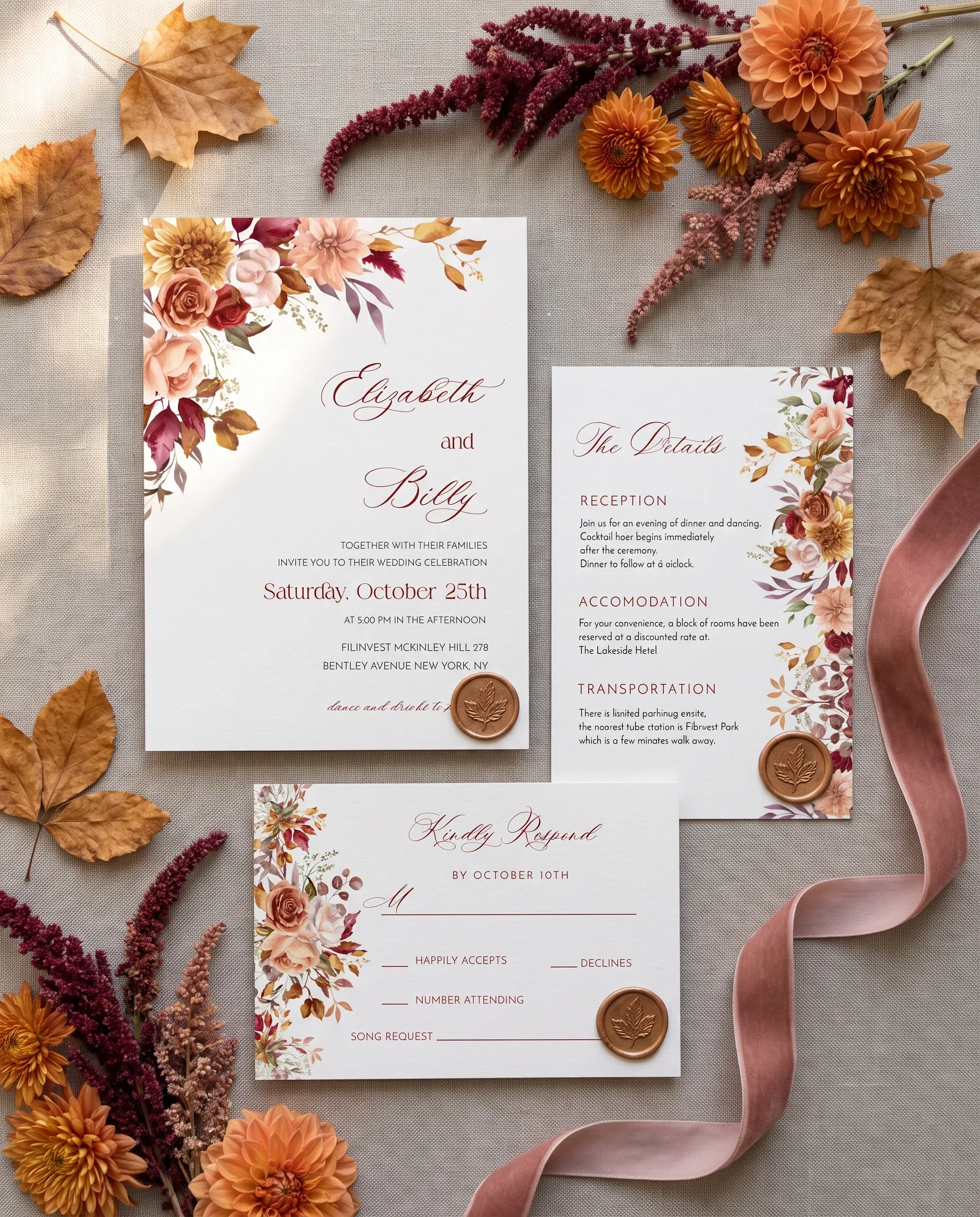 Autumn Blush wedding invitation set — Invitation, details card and RSVP card shown in a flat lay, printable wedding invitations