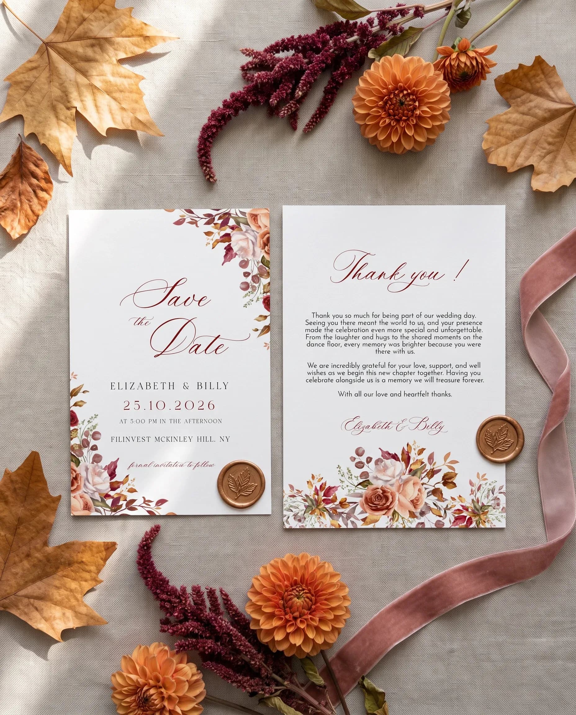 Autumn Blush wedding invitation set — Save the date and thank you card shown in a flat lay, wedding invitation templates