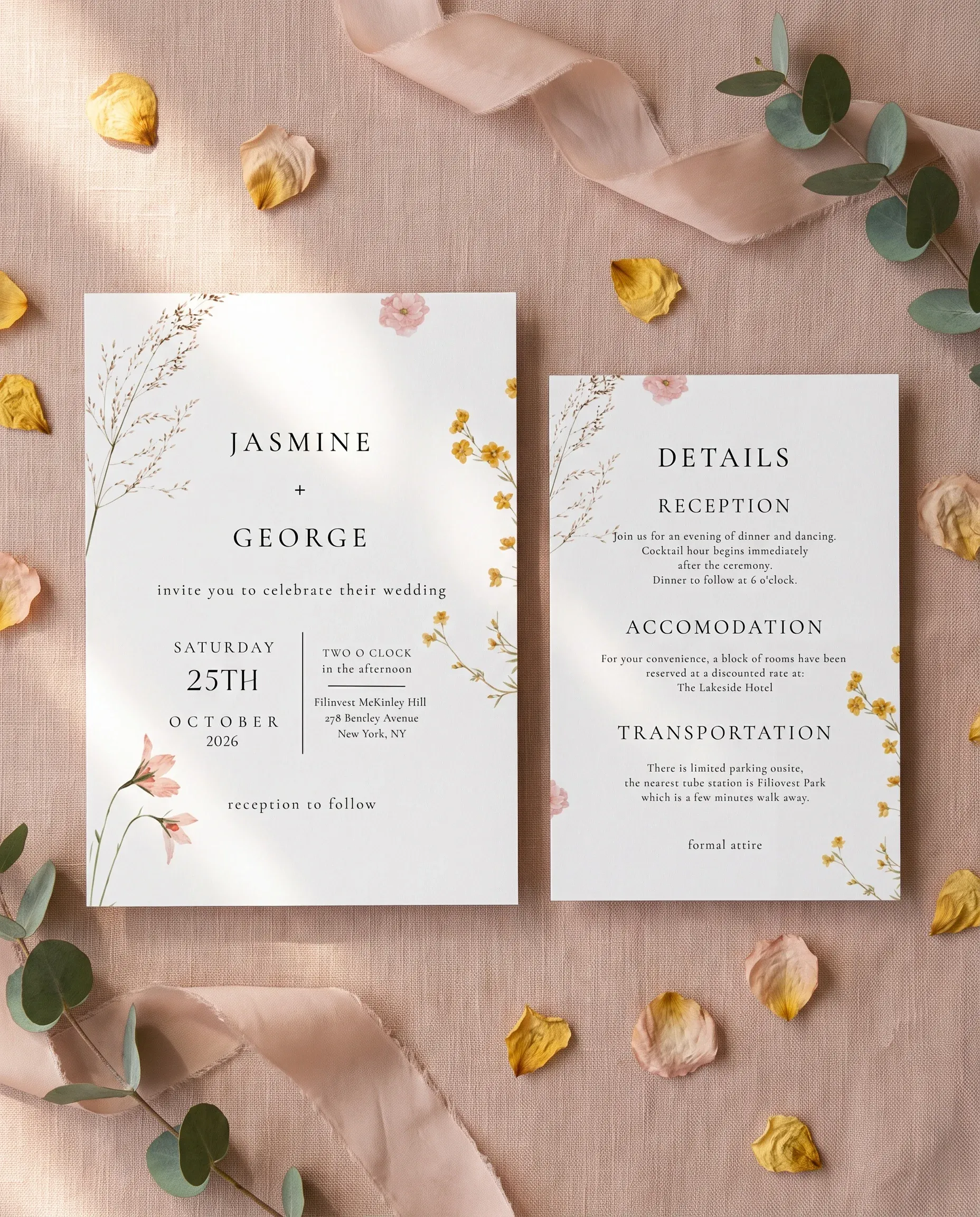 Marigold Petal wedding invitation suite — invitation and details card arranged together in a flat lay under soft natural light, wedding details card.