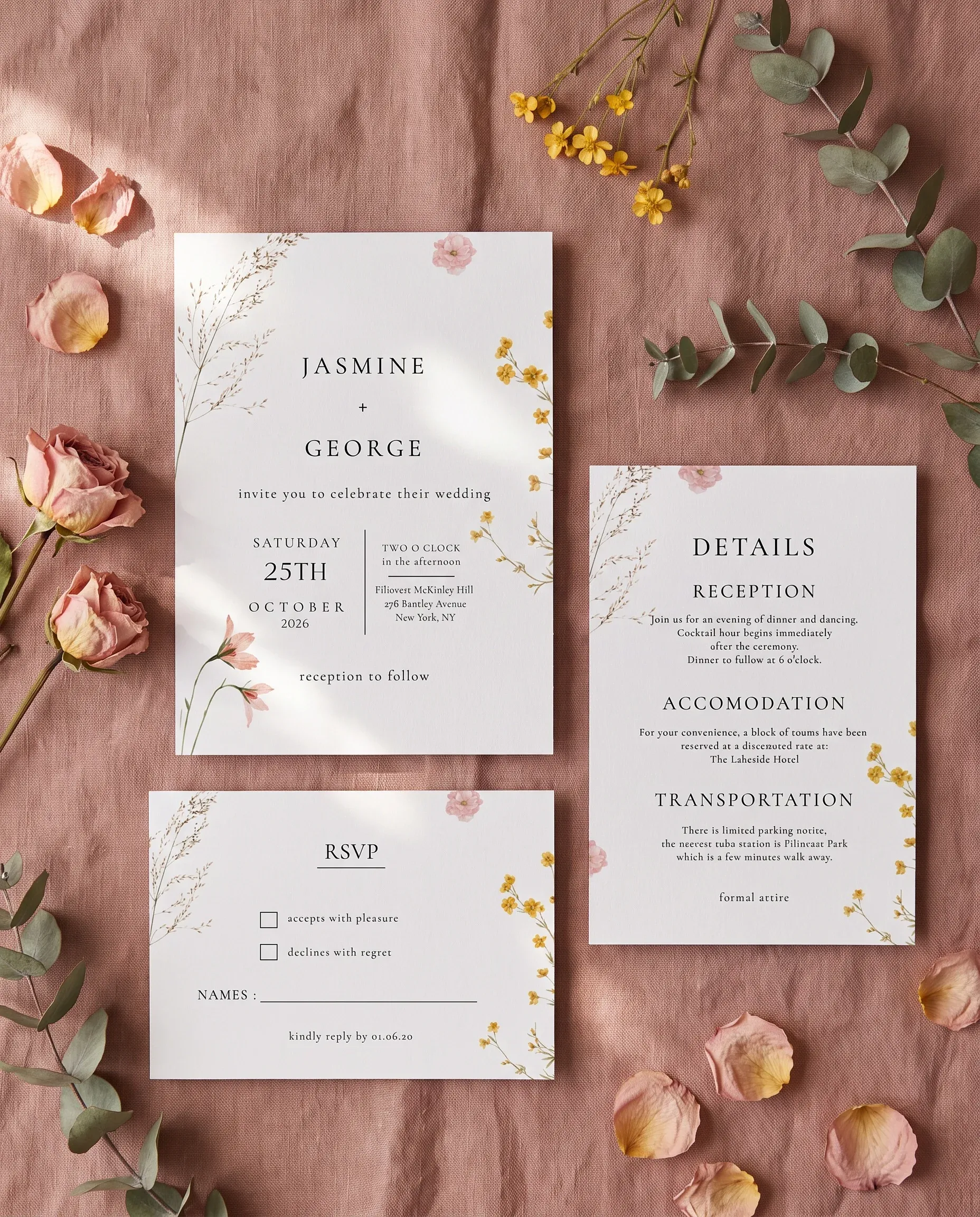 Marigold wedding invitation suite — invitation, details card and RSVP shown in a flat lay under soft natural light, wedding invitation templates