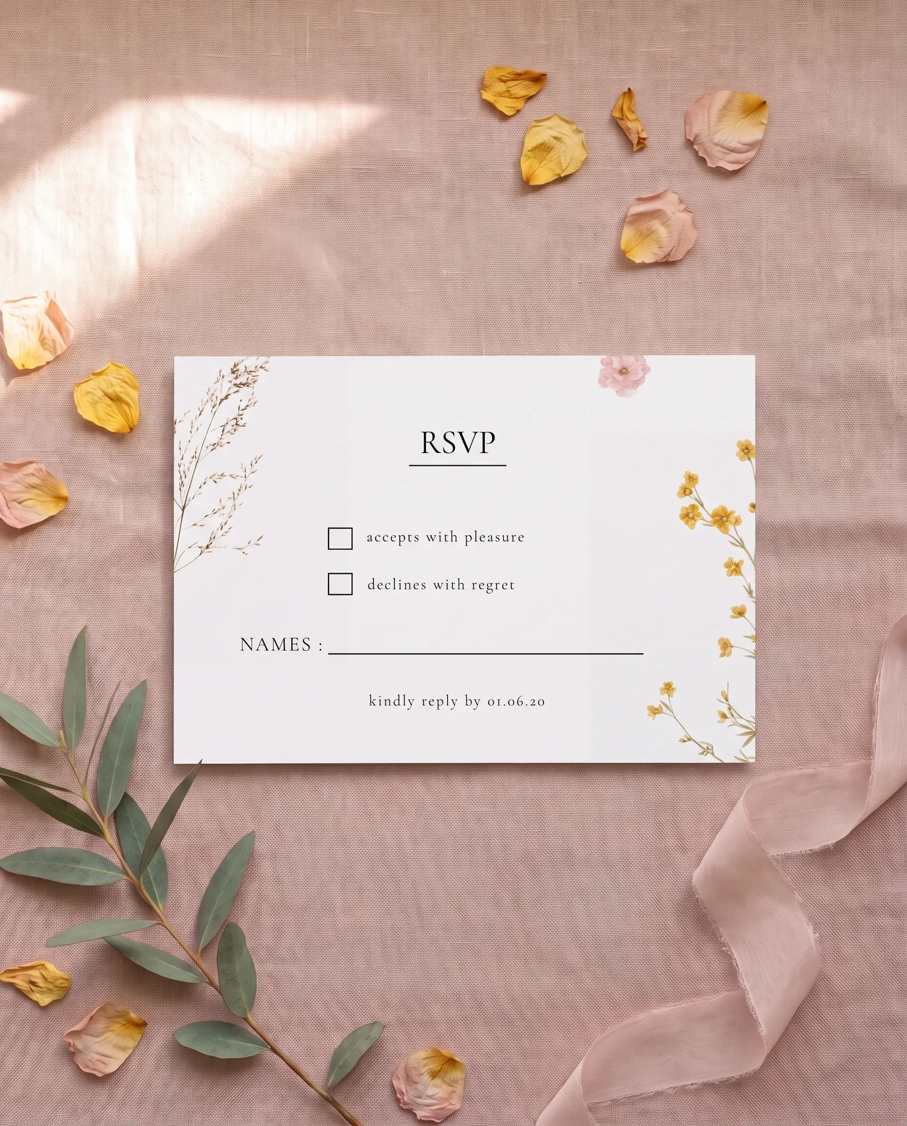 Marigold Petal wedding invitation suite — RSVP card shown in a flat lay, wedding RSVP cards.