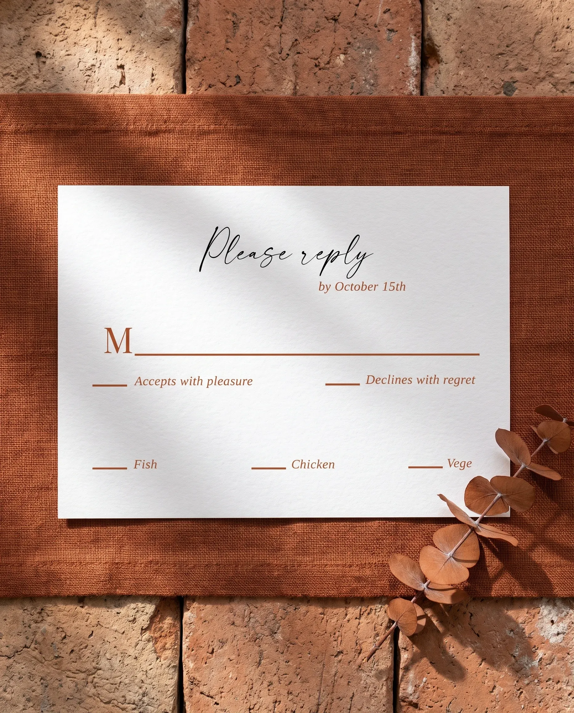 Terracotta Crown wedding invitation suite — RSVP card shown in a flat lay, wedding RSVP cards.