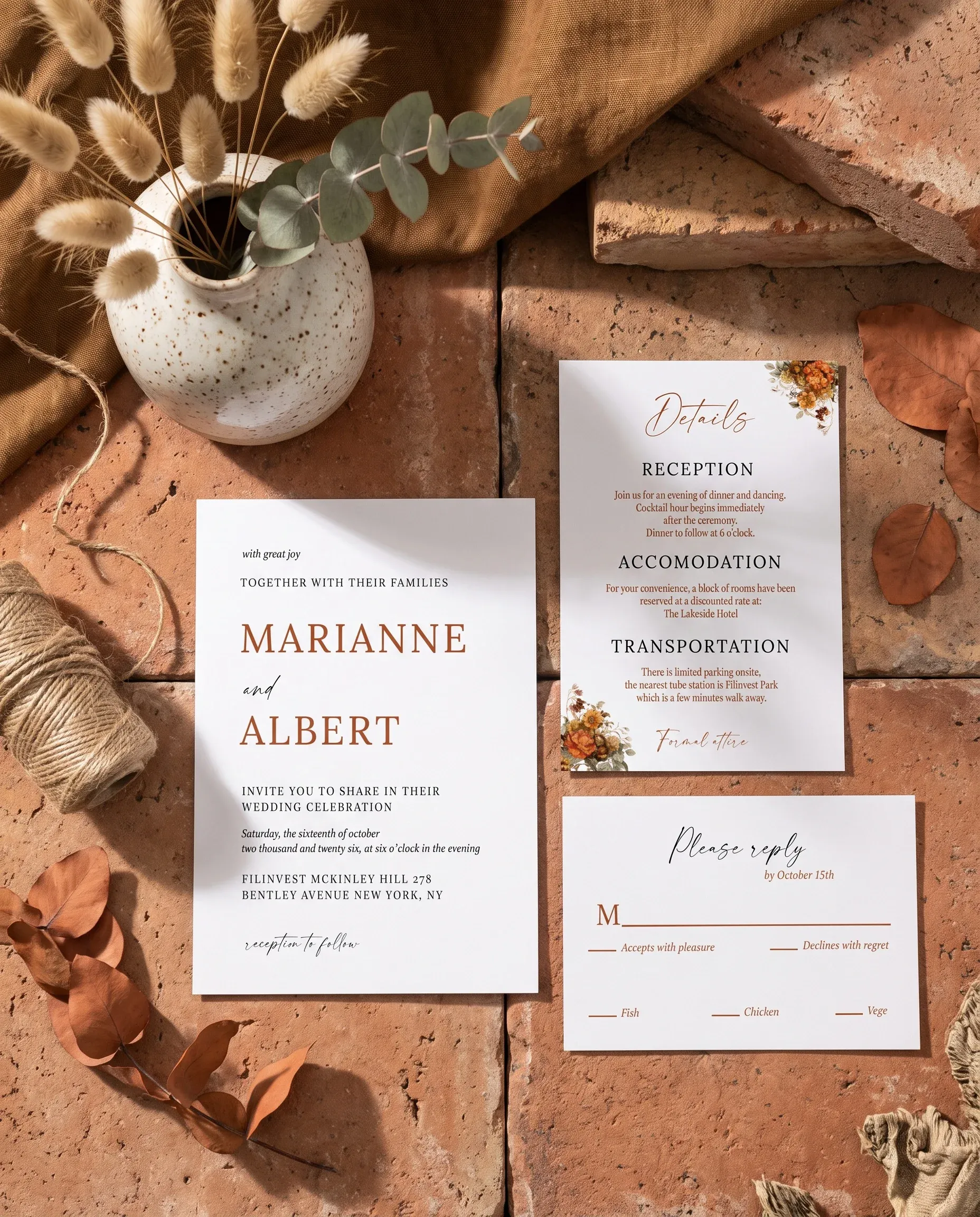 Terracotta Crown wedding invitation suite — invitation, details card and RSVP shown in a flat lay, wedding invitation templates