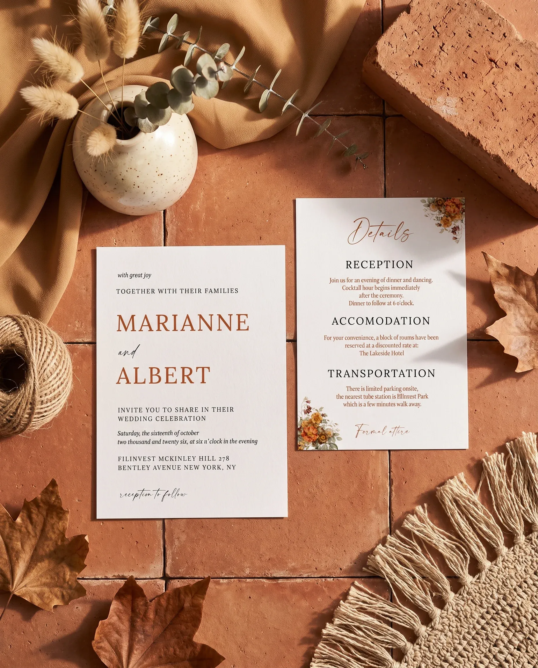 Terracotta Crown wedding invitation suite — invitation and details card shown in a flat lay under soft natural light, wedding details card.