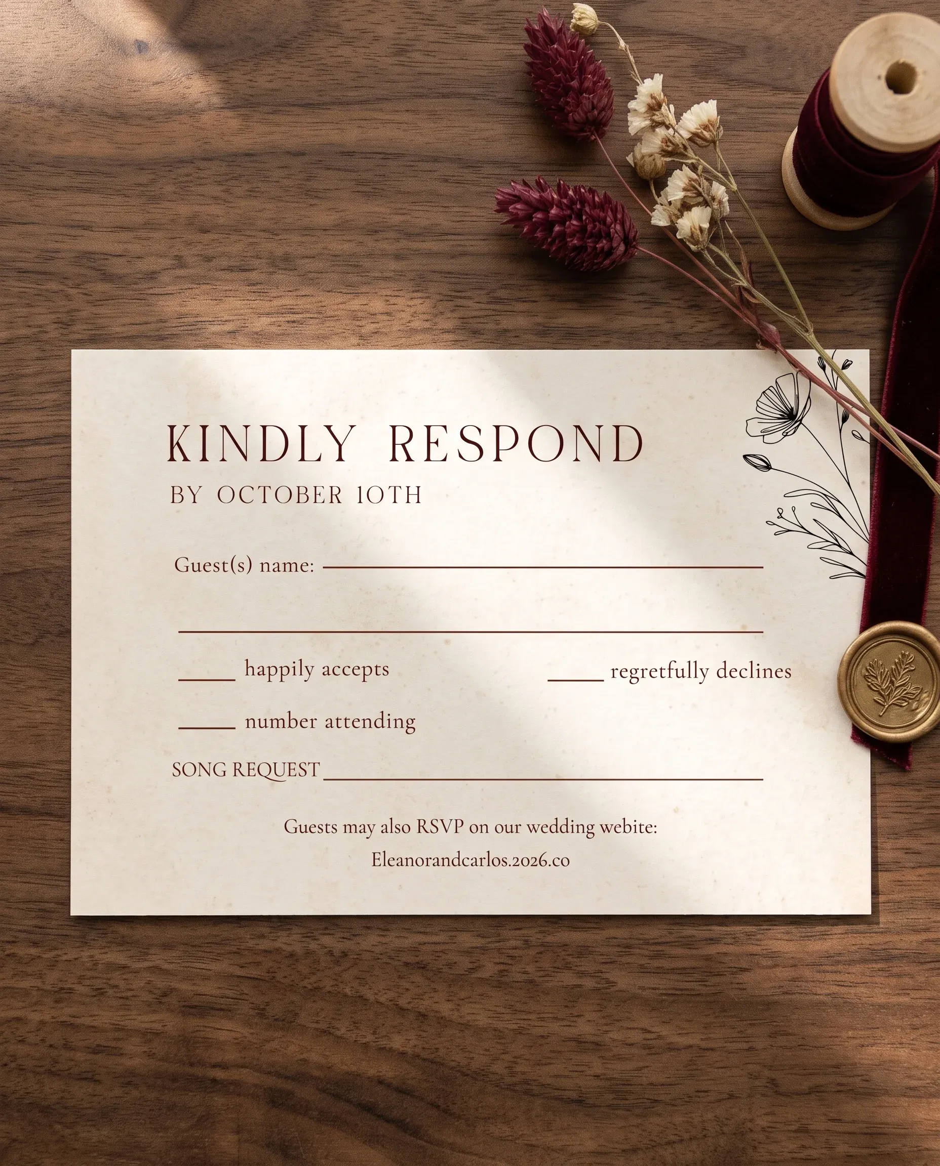 Heritage Bloom wedding invitation suite — RSVP card shown in a flat lay, wedding RSVP cards.