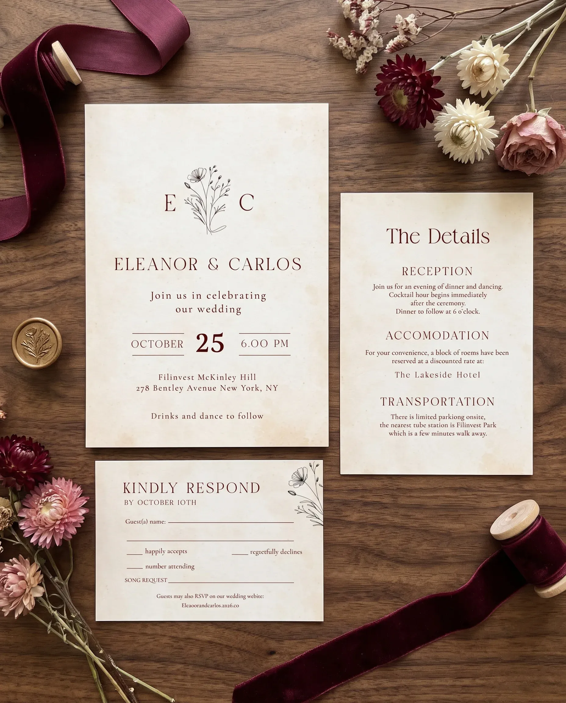 Heritage Bloom wedding invitation suite — invitation, details card and RSVP shown in a flat lay, wedding invitation templates.