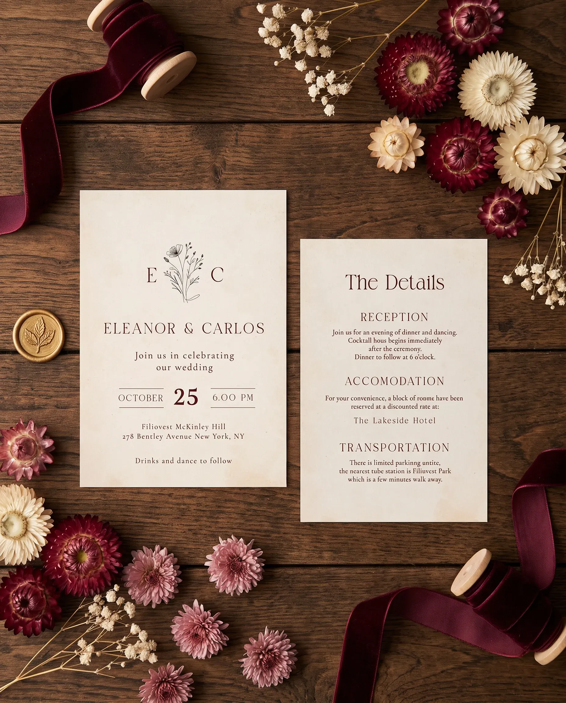 Heritage Bloom wedding invitation suite — invitation and details card shown in a flat lay under soft natural light, wedding details card.