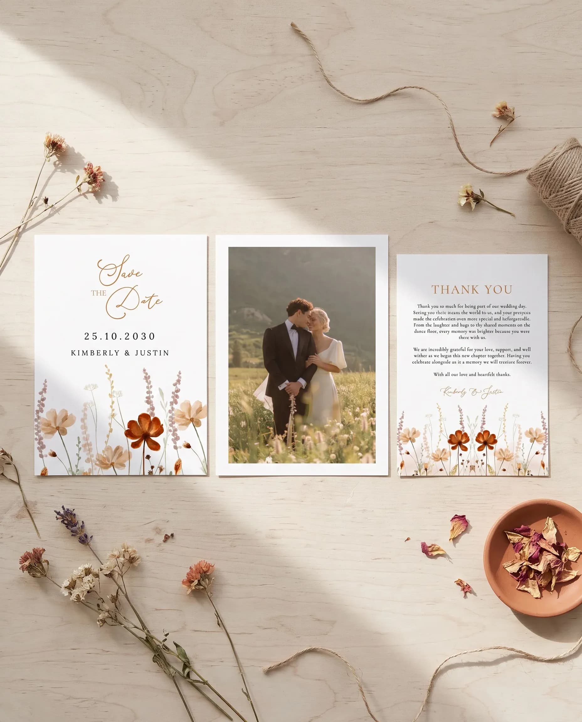 Amber Meadow wedding invitation set — invitation, details card, RSVP card, flat lay view, printable wedding stationery template