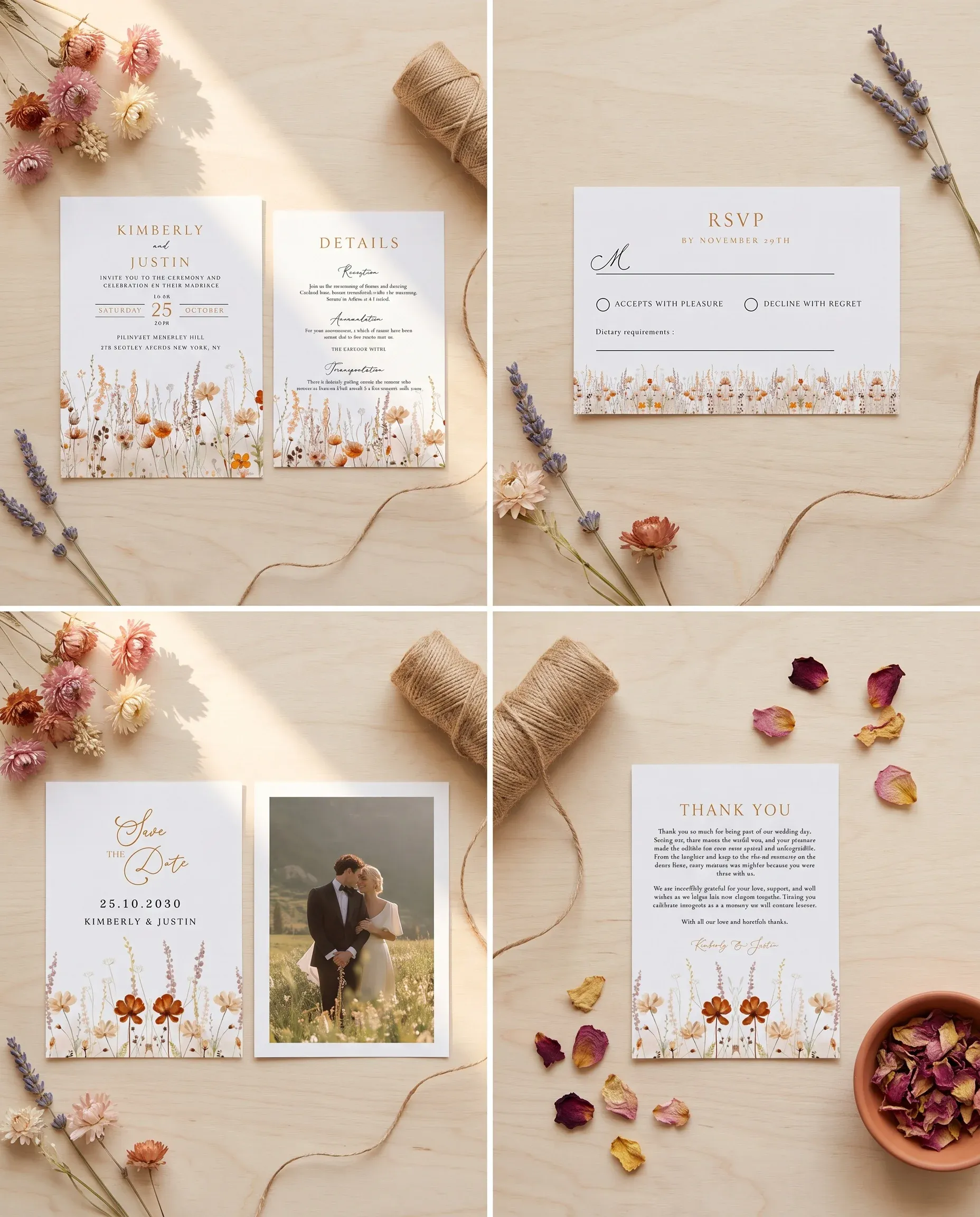 Amber Meadow wedding invitation set — printable wedding stationery template