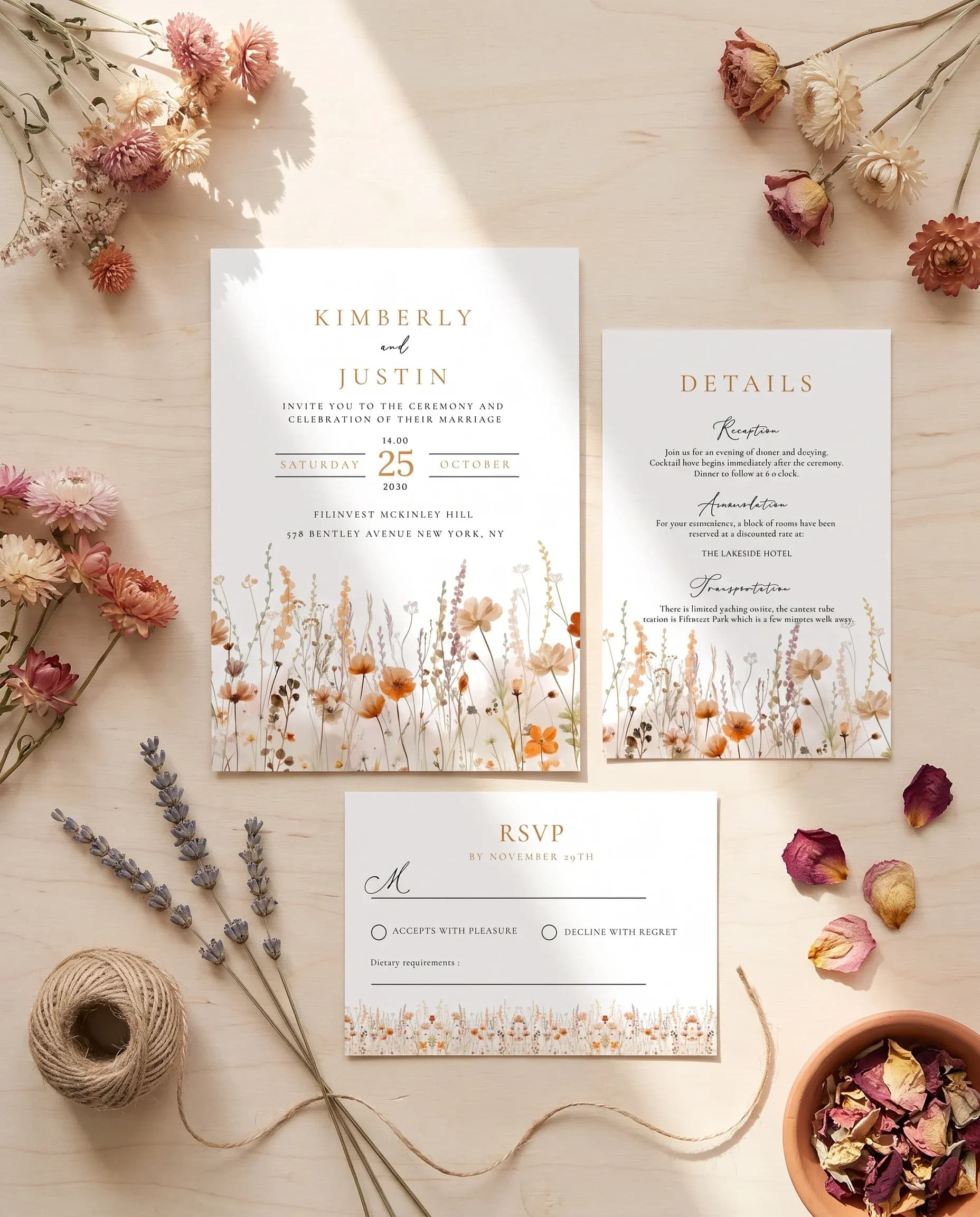 Amber Meadow wedding invitation set — printable wedding stationery template