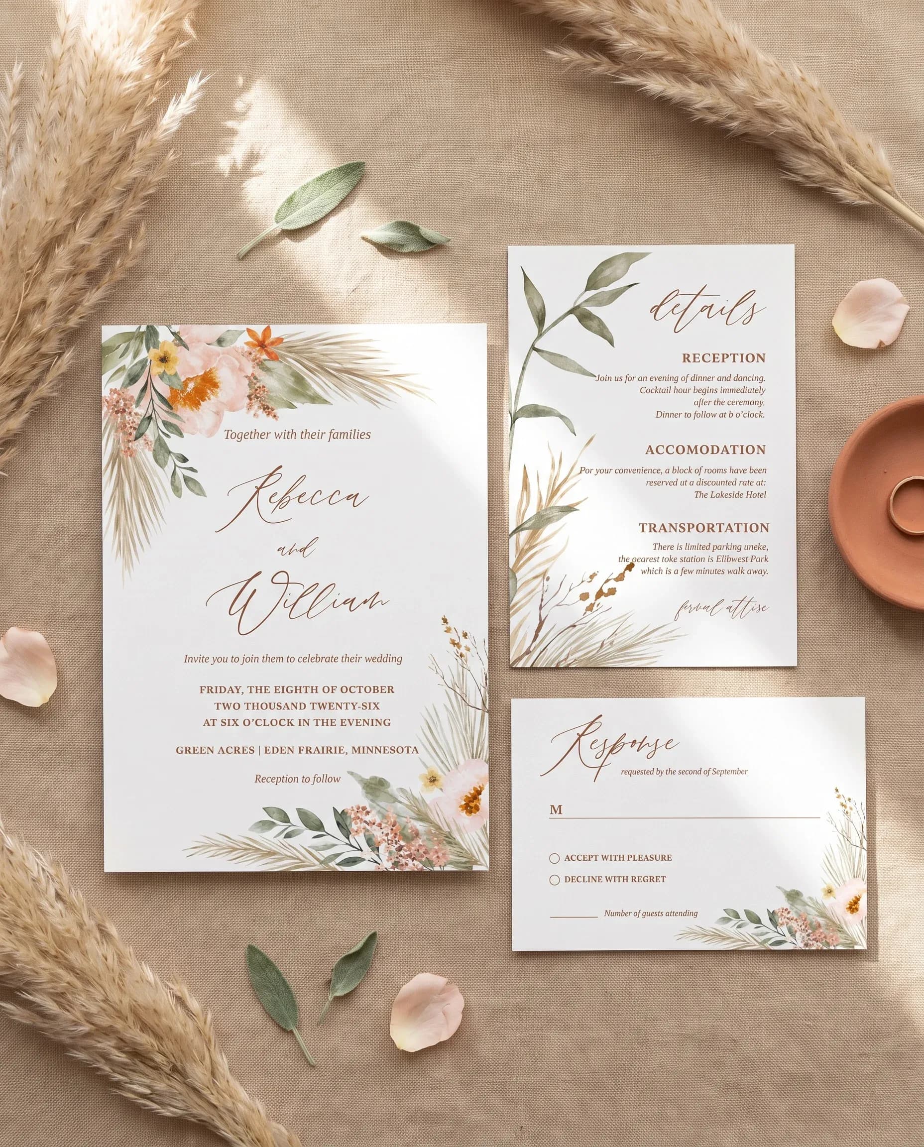 Prairie Fern wedding invitation set — Invitation, details card and RSVP card shown in a flat lay, wedding invitations