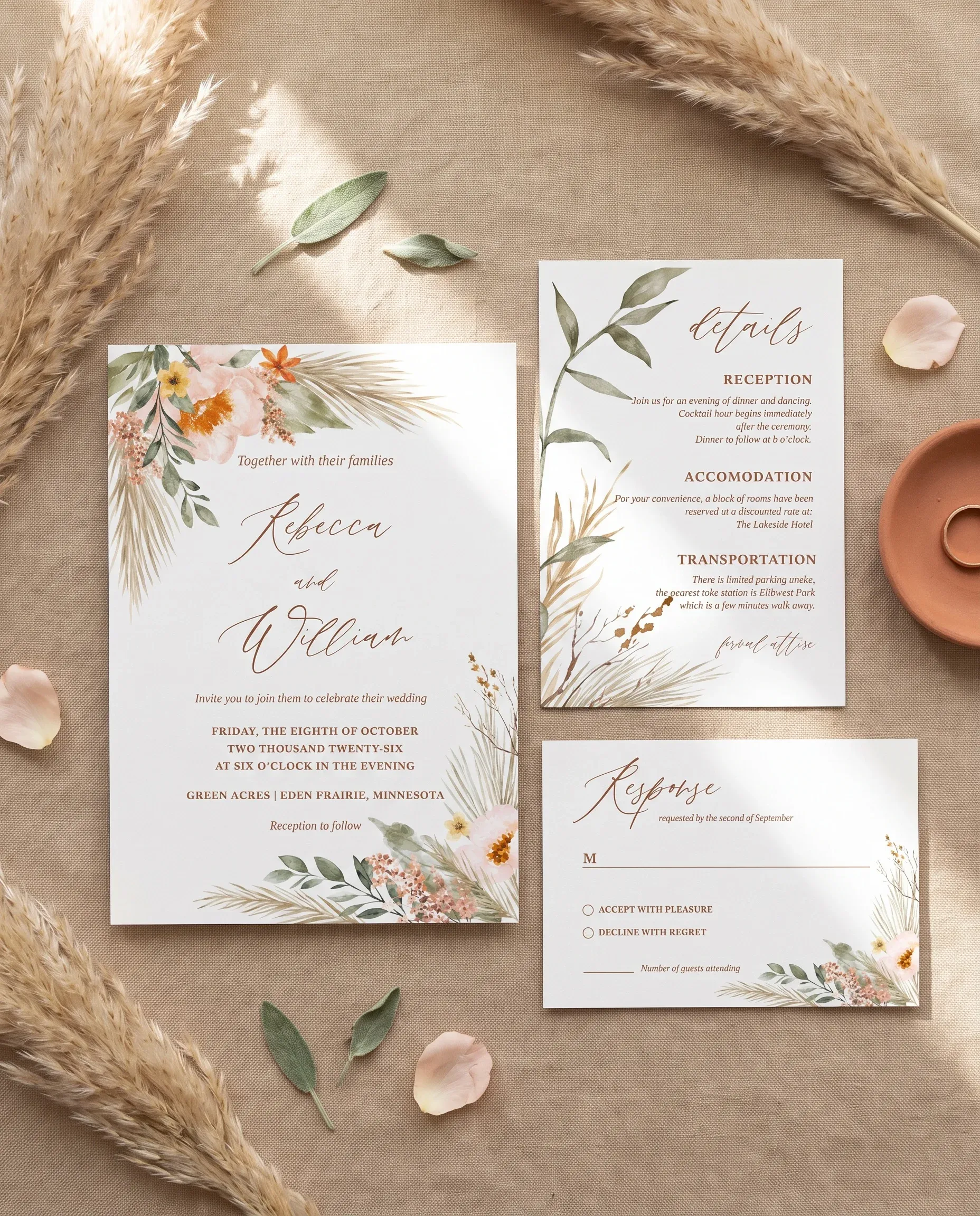 Prairie Fern wedding invitation set — Invitation, details card and RSVP card shown in a flat lay, wedding invitations