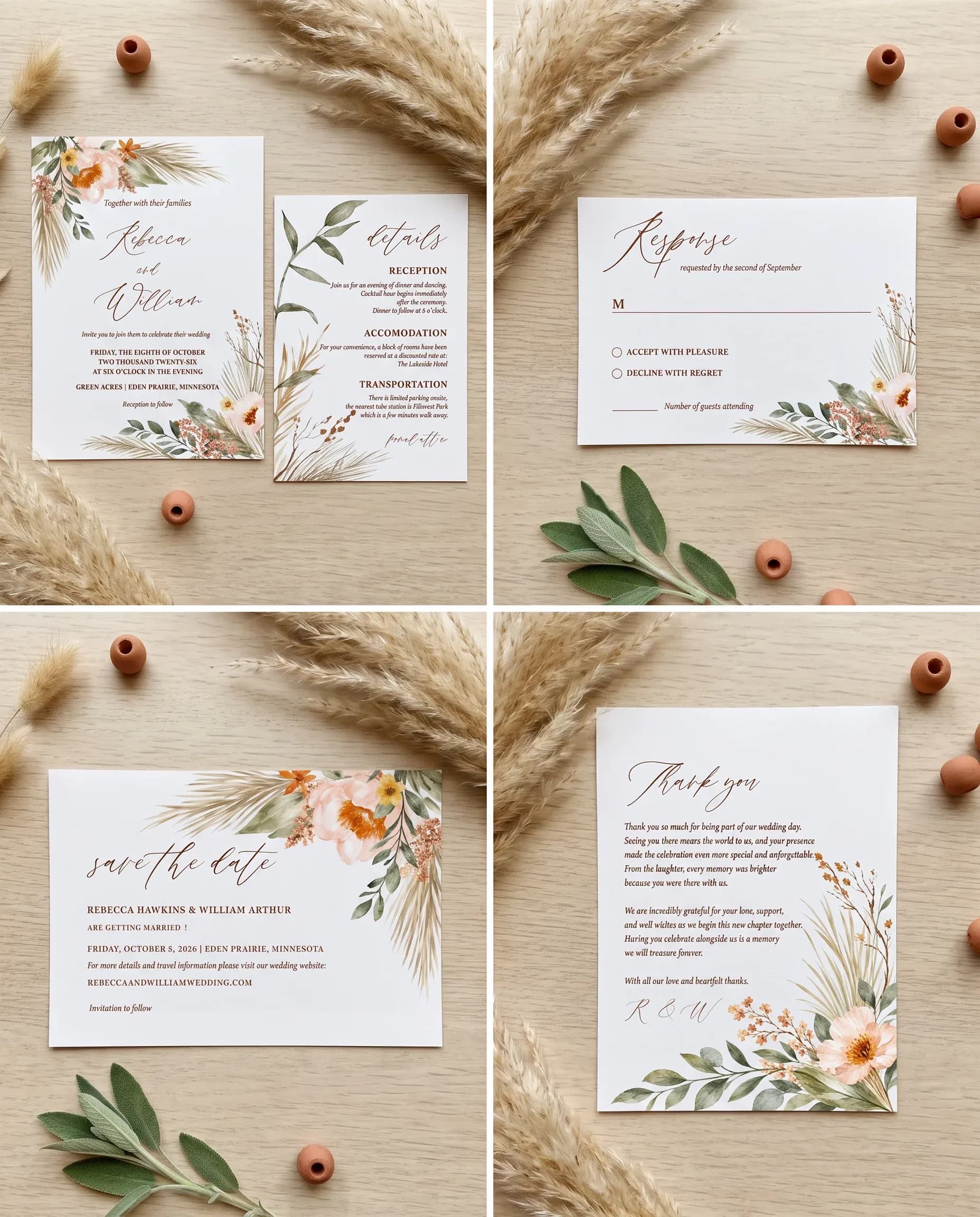 Prairie Fern wedding invitation set — Invitation, details card, RSVP, save the date and thank you card shown in a flat lay, Wedding invitation templates