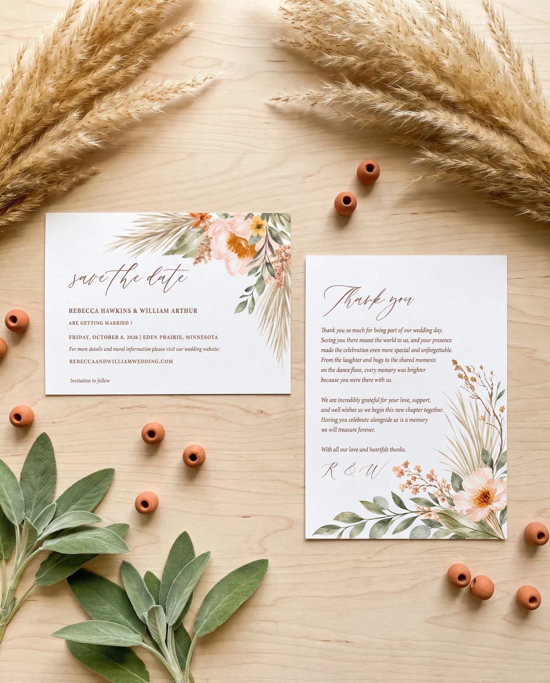 Prairie Fern wedding invitation set — Save the date and thank you card shown in a flat lay, digital wedding invitation